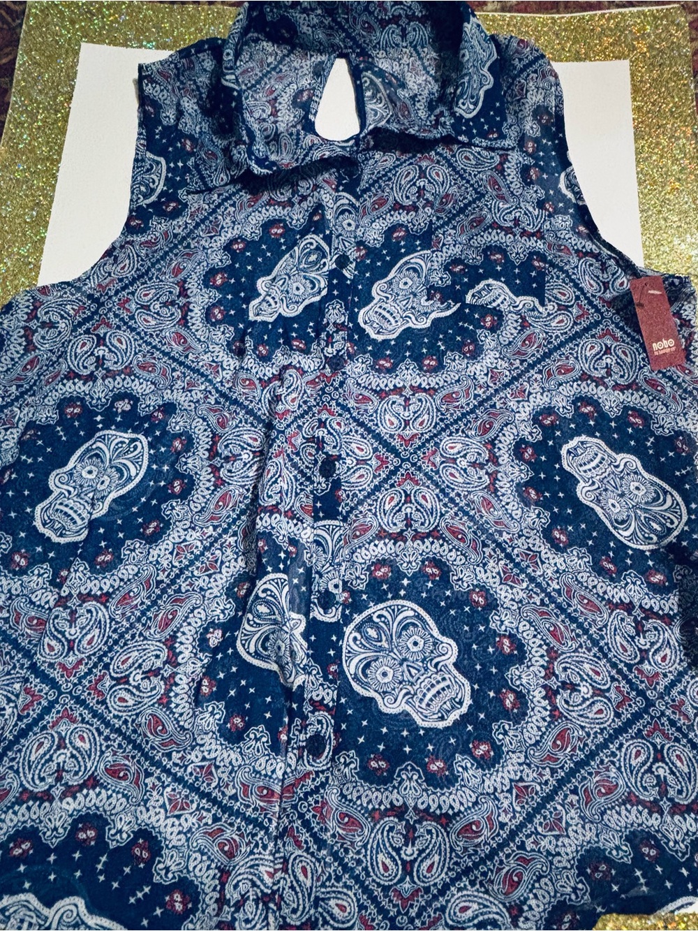 Sleeveless Navy Paisley Skull Print Button-Up Blouse